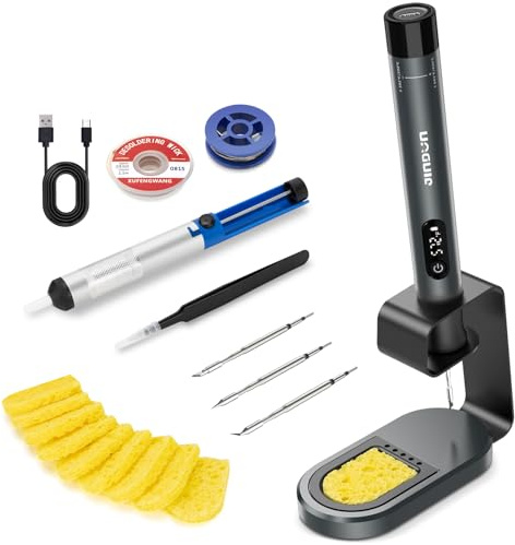 JINDUN 16W/12W Soldering Iron Kit, 12S Fast-heating Soldering Iron with Variable Temp 392℉-842℉（200℃- 450℃), 3 Protections & Memory Function, Includes 3 Tips for Electronics/Jewelry Precision Repair