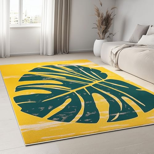 Teppich Wohnzimmer 80 x 150cm Rechteckig Dunkelgrüne Monstera Muster- Rutschfester Teppich Schlafzimmer, Esszimmer, Küche Weich Flauschiger Extra Weich Tepich Einfache Reinigung - Gelb Carpet