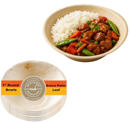 MUNCH BOX 7” Round Areca Palm Leaf Bowls – 100% Natural, Disposable, Biodegradable & Compostable – Eco-Friendly Microwave Safe Bowls for Hot Food, Soups, and Events (50 Pack, 7 Bowl)