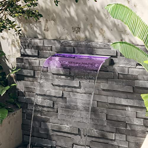 Gecheer Déversoir pour Cascade avec LED RVB INOX 60 cm, Lame Fontaines de Piscine Cascade, d' Eau Piscine Hors Sol de Jardin, Cascade Bassin Exterieur