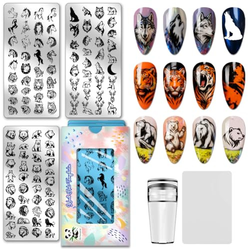 PH PandaHall 3 Stück Wildtieren Nagelstempelplatten Nagelkunstvorlagen mit Tiger Löwe und Wolf Edelstahl Bildplatte mit Wilden Tieren Kunstschablonen mit Werkzeugen für DIY Maniküre im Salon Design