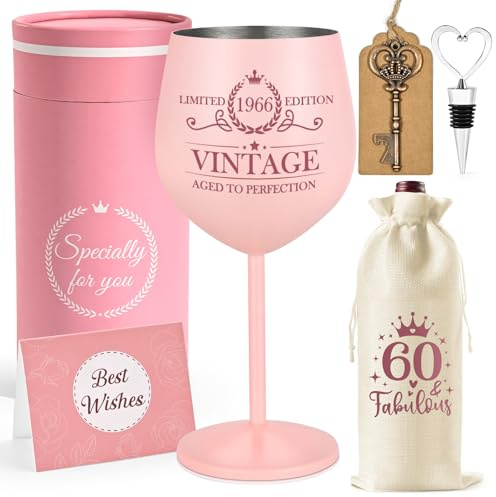 Livole 60th Birthday Gifts for Women, Mum, 18oz Red Wine Goblet, Pink | 1966 Birthday Gifts for Women, 1966 Vintage Aged to Perfection, 60th Wine Glasses, Stainless Steel, Bottle Opener, Wine Bag