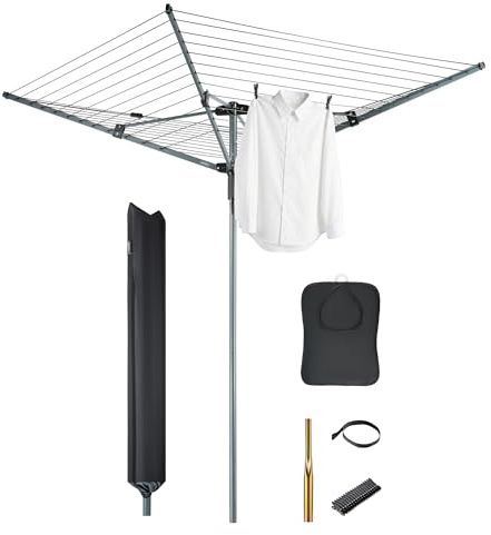 VonHaus 45m Rotary Washing Line – 4 Arm Outdoor Clothes Airer with Collapsible Umbrella System, 360° Rotary Airer, Line Tension Adjustment, 35mm Metal Ground Spike, Non-Slip Clothesline, Weatherproof