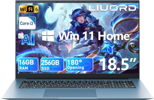 Liuord Laptop 18,5 Zoll 16GB RAM 256GB SSD, AI Unterstützung Notebook Core i3 (bis zu 3,9 GHz), 8000mAh Akku, Win 11, WiFi 6, FHD Display 180° Betrachtungswinkel, HDMI, USB-C Multifunktionsanschluss