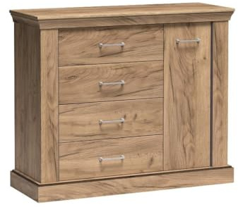 Masseno Kommode DESIO 114 cm Sideboard mit 4 Schubladen und 1 Türen für Wohnzimmer Schlafzimmer Modern 114x42x95,5 cm Eichefarben