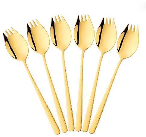 Bisda Oro Acero Inoxidable Juego de Tenedor Tipo Buffet 6 piezas Tenedor de Ensalada 2en1 Cuchara y Tenedor