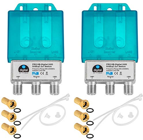 2X PRO DiseqC Schalter Switch 2/1 mit Wetterschutzgehäuse HB-DIGITAL 2X SAT LNB 1 x Teilnehmer/Receiver für Full HDTV 3D 4K UHD + 6 x Vergoldete F-Stecker Vergoldet