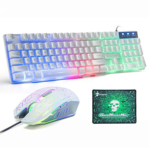 Lexon Tech Gaming Tastatur und Maus Set UK-Layout, Regenbogen-LED-Hintergrundbeleuchtung, kabelgebundene Tastatur und Maus, USB-Gamer-Tastatur mit 2400 DPI,6 Tasten, Regenbogen-Gaming-Maus + Mauspad