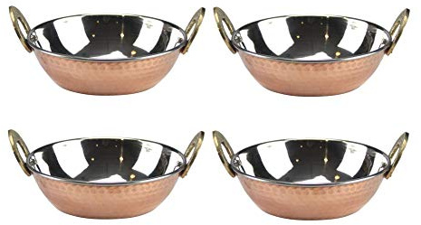 GK Global Kitchen Copper Kadai Karahi Hammered Double Wall Balti Dishes Curry Serving Bowls Indian Platter Stainless Steel Kadhai Multipurpose Rim Serving Bowls Set (4, 15cm)