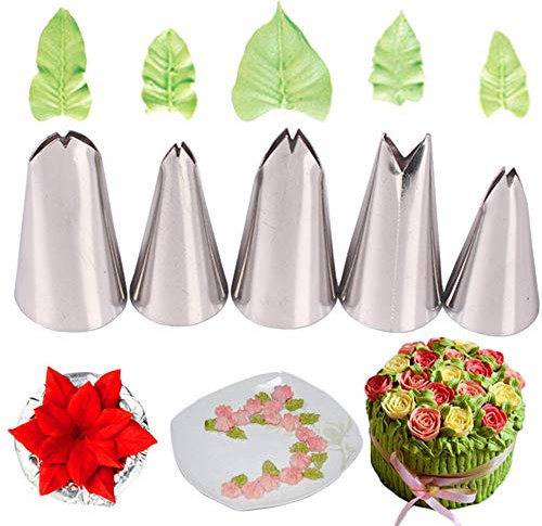 5pcs Russian Icing Piping Nozzles Leaf Writing Tips Set Stainless Steel Cake Decorating Kit DIY Decoration Tool for Baking Cakes Cookies Sugarcraft