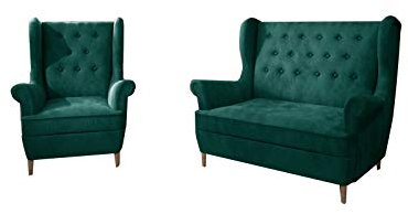 MOEBLO Couchgarnitur Ohrensofa 2 Sitzer + Sessel Sofa Garnitur Stoff Samt (Velour) Glamour Wohnlandschaft Chesterfield - Kros (Grün (Monolith 37))