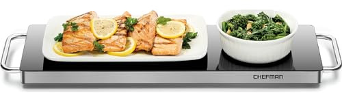 Chefman Long Electric Warming Plate Heating Element, Prep Food for Parties, Stainless Steel Frame & Tempered Glass Surface, Buffet at Home, for Trays & Dishes, Cool-Touch Handles, Black