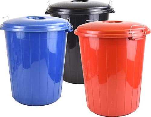 Set of 3 Storage Garden Waste Rubbish Dust Bin with Locking Lid Black Blue Red 50L