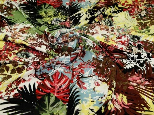 Viskose-Stoff, Challis, mehrfarbig, Pflanzen, Blumen, Meterware