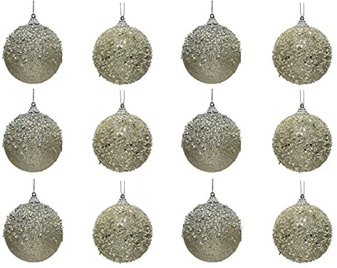Decoris Weihnachtskugeln Kunststoff 8cm x 12 Stück bruchsicher mit Kristallen Glitzer Christbaumkugeln Perle