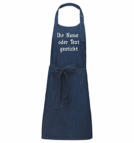Kochschürze bestickt Name/Text. Personalisierte Schürze für Damen und Herren. Grillschürze, Küchenschürze, Gartenschürze (Ohne Tasche, Denim Blue)