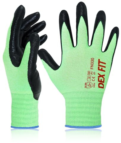 DEX FIT Nitrile Work Gloves FN330, 3D Comfort Fit, Touchscreen Grip Gloves for Warehouse, Construction, DIY, Gardening & General Work, Men & Women Green, L, 12 Pairs
