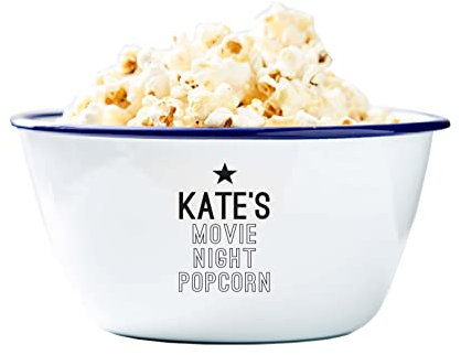 Personalised Enamel Popcorn Bowl/Popcorn Gift/Birthday Gift For Her (Large Bowl, Blue Rim)