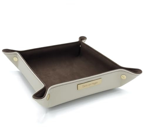 Doro von Hagen Premium Edition echt Leder Taschenleerer 20x20cm, Designer Schlüsselschale aussen Creme, innen feinstes Nubuk Rindleder Cacao Braun. Handgefertigt in unserem Atelier