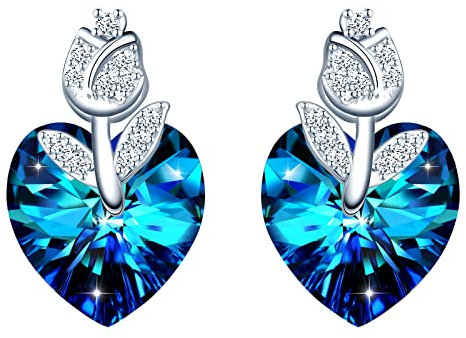 INFINIONLY Pendientes de corazón de cristal para mujer y niña, Pendientes de plata 925, Pendientes de cristal azul, Decorado con flor rosa elegante, Circón con incrustaciones
