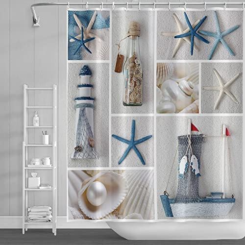 SDOTPMT Rideau de Douche Océan Plage Nautique Marin - Étoile de Mer, Coquillages, Monde Marin, Bouteille à la Dérive - Pour Salle de Bains 122x183cm Avec Crochets