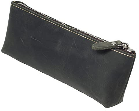 BAWAKO Federmäppchen aus hochwertigem Leder - Etui mit Reißverschluss - 20 x 3.5 x 8 cm- Elegante Federtasche für Erwachsene und Studenten, Kosmetiktasche,Schminktasche (Grüm, H8)