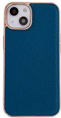 COQUE Carcasa para Apple iPhone 14, marco dorado galvanizado para iPhone 14, carcasa trasera de cuero genuino para Apple iPhone 14, color azul