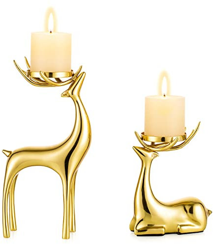 Sziqiqi Rentier Tierskulpturen Figur Statuen 2er Set, Metall Hirsch Ornamente für Wohnkultur Akzente Wohnzimmer Schlafzimmer Büro Buch Tischkaminsims Weihnachtsdekoration