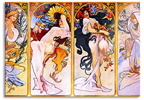 Pixxprint Glasbild, Wandbild auf Echtglas, Alfons Mucha - Vier Jahreszeiten, 80x60 cm, inkl. Aufhängung und Abstandshalter
