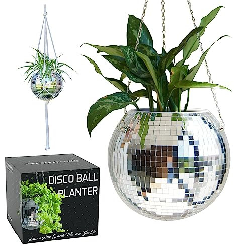 SCANDINORDICA Disco Ball Planter – Value Package: Mirror Disco Planter with Chain, Macrame Hanger and Acrylic Stand for Desk, Includes Self Watering Insert, Eclectic Home Decor | 10 inch Silver