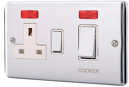 ASAB 45A Cooker Panel with Neon PGM 33841 Brushed Steel High Power Rating with LED Power Indicator Standard 3 Pin UK Plug Socket Easy Installation Cooker Panel Design Durable and Long Lasting