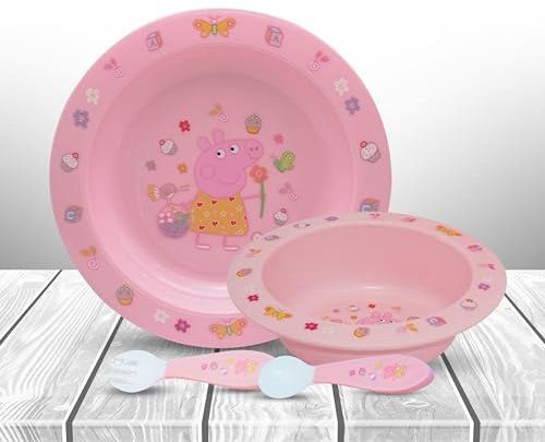 Peppa Pig Baby's First Feeding Set, wiederverwendbarer Kunststoffteller, Schüssel, Gabeln und Löffel, Kindergeschirr-Set für Mahlzeiten ab 6 Monaten, Rosa, 4-teilig