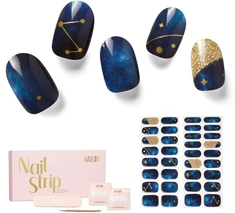 NAILOG Semi Cured Gel Strips, 34 pcs Salon-Quality Stickers, Long Lasting Wraps for Women With Soft Gel Finish, Zodiac