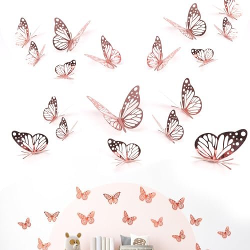 3D Schmetterlinge Wandsticker - 48 Stück Roségold - Dekorative Wanddeko für Kinderzimmer, Schlafzimmer, Partys