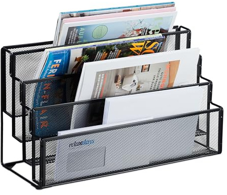 Relaxdays Zeitschriftenhalter Metall, 4 Fächer, schwarz | Dokumentenablage Büro, HBT: 26x45x18 cm, Magazinhalter, Briefe