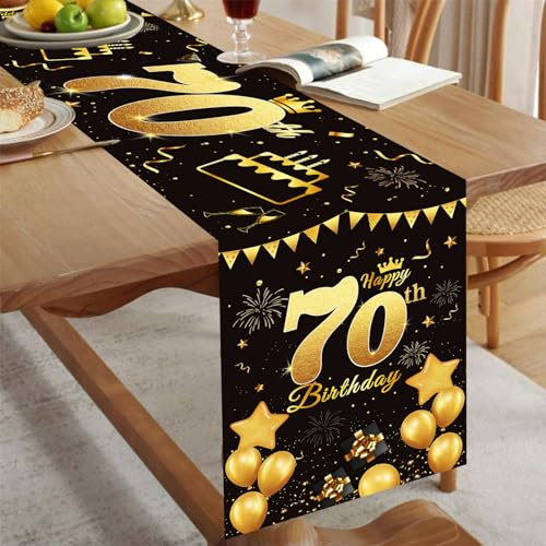 Tischläufer 70. Geburtstag Schwarz Gold Happy 70th Birthday Tischband zum 70 Geburtstag Männer Frauen Jahrestag Feier Party Dinner Tisch Leinen Tuch Deko für Zuhause Küche Draußen Drinnen, 180x35 cm