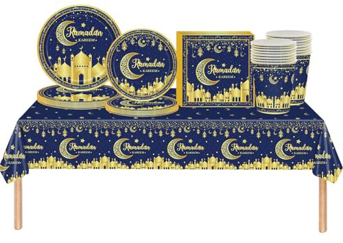 69Pcs Eid Party Tableware Plastic Ramadan Kareem Table Cloth,Paper Plates,Napkins and Cups,Blue Gold Moon Stars Dinnerware Set for Home Eid Ramadan Mubarak Islam Muslim Party Decorations