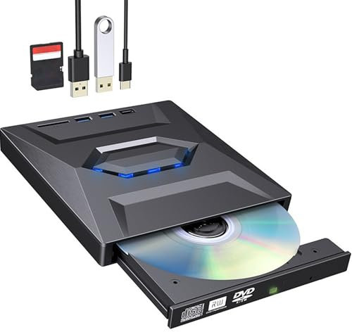 Unità CD DVD esterna per computer portatile: unità DVD USB 3.0 e di tipo C esterna con lettore di schede SD/TF e porte USB, masterizzatore CD DVD RW per computer portatile, desktop, Windows XP/7/8/10