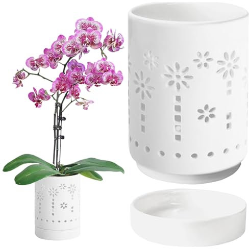 Macetas de orquídeas con agujeros, ollas de orquídeas huecas con agujeros y platillos, maceta de orquídea de cerámica de 4 pulgadas, maceta de orquídeas de drenaje y ventilación efectiva para macetas