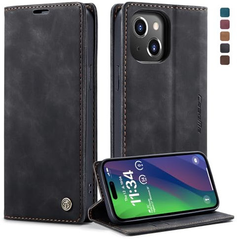 owlhold Handyhülle für iPhone 15 Hülle, Premium Lederhülle Weiches Vintage-Nubukleder Faltbare Ständer Klapphülle Kartenfach Standfunktion stoßfest Schutzhülle für iPhone 15 -Schwarz