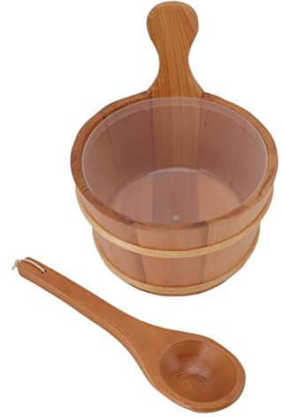 Qukaim Juego de cucharón de sauna con forro de plástico, 4 L, barril de madera a prueba de fugas para spa y piscina