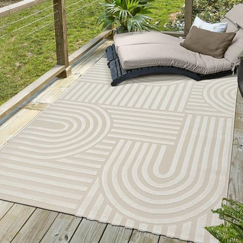 SANAT Berlin Outdoor Teppich Wetterfest - Teppich für den Innen- und Außenbereich - Balkon Teppich Wasserabweisend - Teppiche für Terrasse, Garten, Küche, Bad oder Wohnzimmer - Creme, 60 x 110 cm