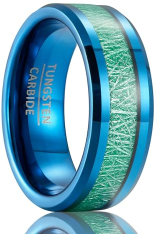 SOXEMAN 1 anillo de acero de tungsteno punk de moda para hombres y mujeres, romántico, sexy, fiesta, cara ancha, 8 mm, incrustaciones de fibra verde