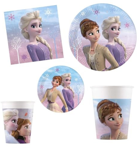 Kit Party Tavola realizzato per Disney Frozen II Wind Spirit per 24 persone (88 pezzi: 24 piatti Ø23cm, 24 bicchieri ml 200, 40 tovaglioli
