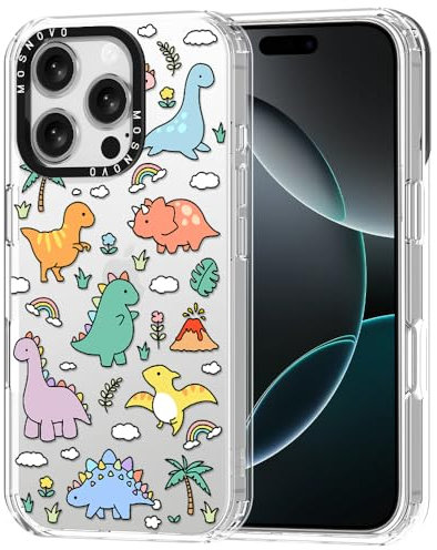 MOSNOVO Hülle für iPhone 16 Pro – Durchsichtige, schlanke, stoßfeste TPU+PC-Handyhülle, [6,6 Fuß Fallschutz/Anti-Abziehen] - Dinosaurierland