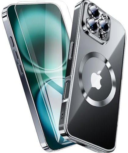 QiiStar Clear Titanium for iPhone 16 Pro Max Case with Screen Protector [Compatible with MagSafe][Full Camera Cover Protection] Metallic Glossy Luxury Soft TPU for iPhone 16 ProMax Phone Case,Black