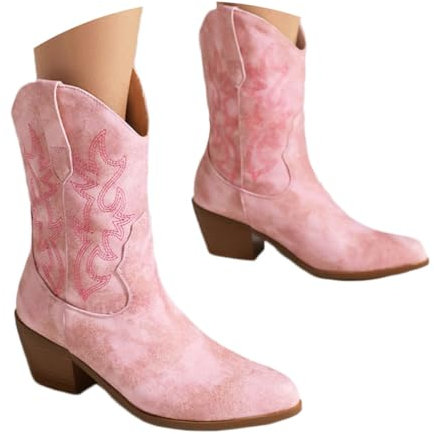 ticticlily Bottes Femme Western Bottes de Cowboy Mi-Mollet Brodée Chaussures de Cowgirl C1 Rose 41 EU
