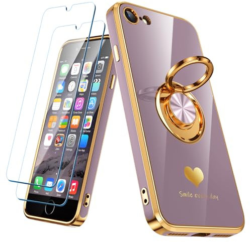 Nonional Compatible for iPhone 6 / 6s Case with 2 Pack Screen Protector, 360° Rotatable Ring Holder [Luxury Hearts Pattern] Plating Gold Edge Slim Soft Phone Case for iPhone 6 / 6s - Light Purple