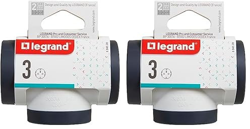 Legrand 694520, Adaptadores 2P+T, 3 Tomas de enchufes/Corriente Laterales, Ladron de enchufes, Color Blanco/Gris Oscuro (Paquete de 2)