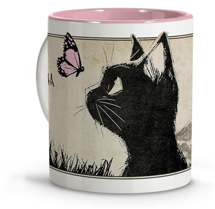 Taza personalizada con nombre. Taza con Dibujo de Gato Estilo Anime. Tazas Originales para Regalar. Regalos para Amantes de los Gatos. Taza Anime Gato Negro. Caneca. Taza cerámica 330 ml. Taza Rosa